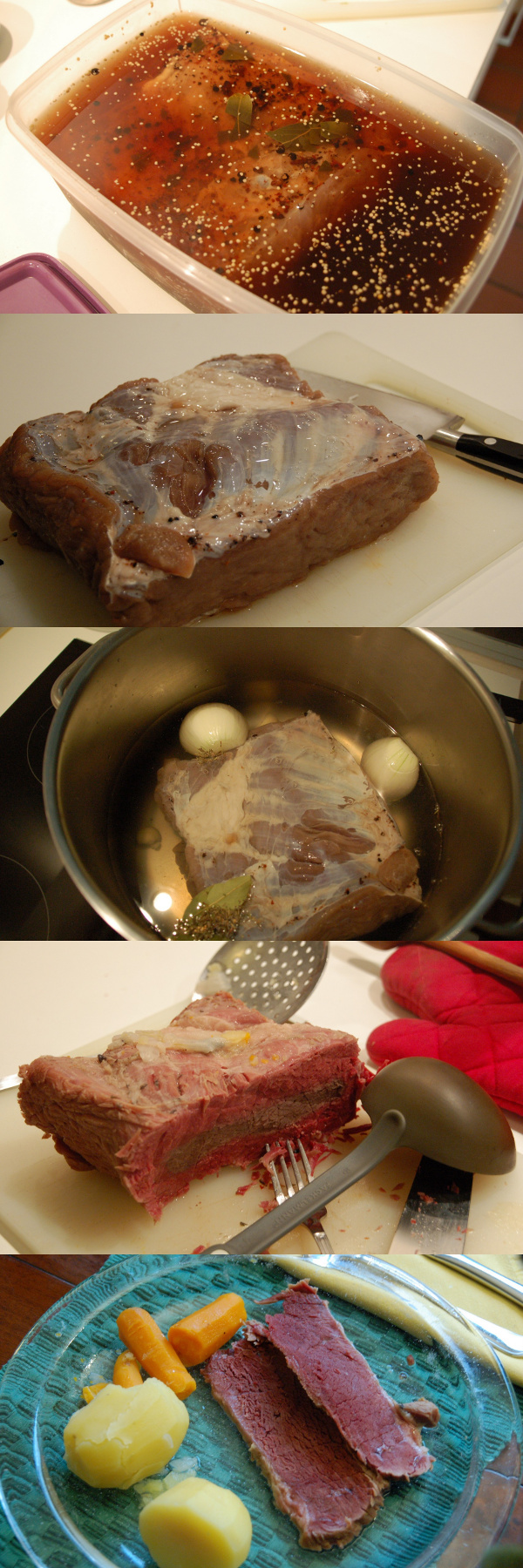 Collage Corned Beef in verschiedenen Stadien der Zubereitung